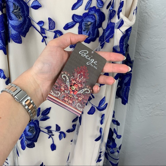 NWT Beige by Eci blue embroidered Floral A-line flowy tulle dress L - Picture 8 of 11